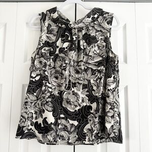 Talbots Sleeveless Top Size 14 Black Gray White Floral Drape Neck Cotton Spandex